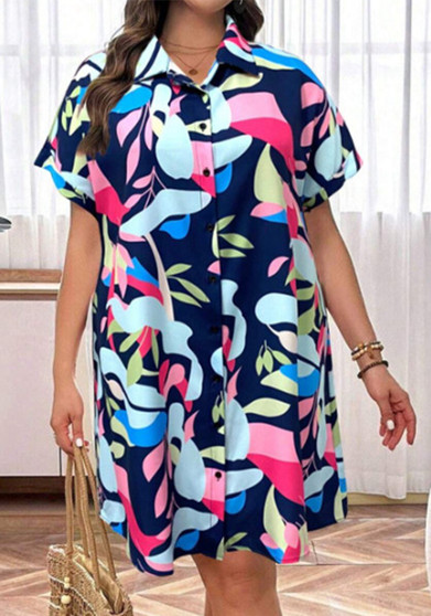 Plus Size Women Holidays Beach Buttoned Turndown Collar Shirt Dress