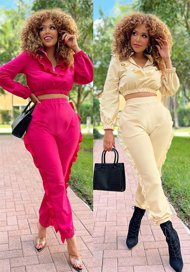 Trendy Women's  Solid Color Zipper Ruffle Fashion Casual Sports Two Piece Pants Set