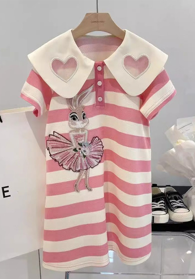 Girls Summer Trendy Striped Peter Pan Collar Princess Dress