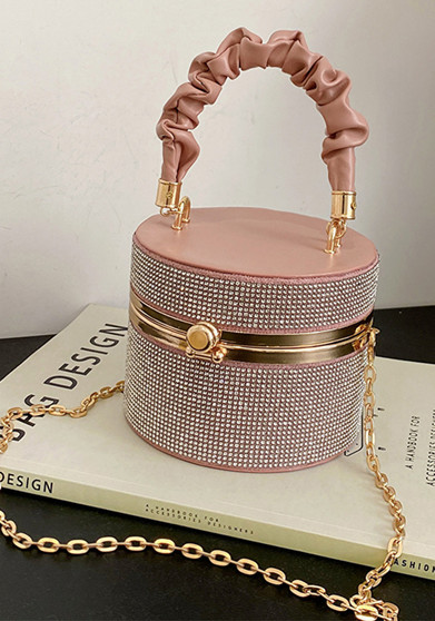 Women Sparkling Diamond Bucket Bag Pleated Chain Shoulder Bag