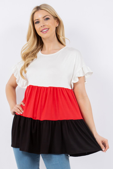 Celeste Full Size Color Block Ruffled Short Sleeve Top