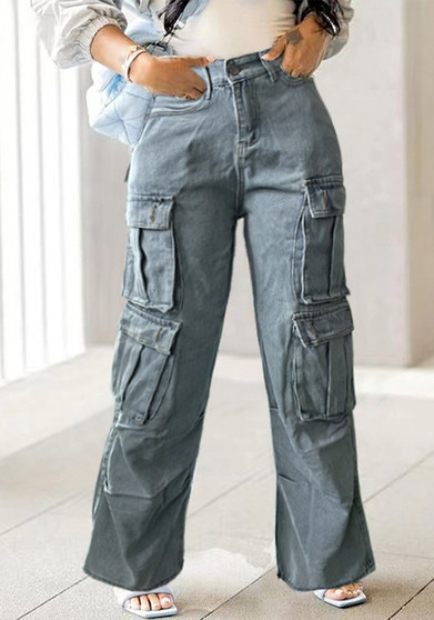 Pocket Cargo Washed Denim Pants Wide Leg Women Jeans