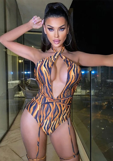 Sexy Hollow Halter Neck Tiger Print Lace-Up One-Piece Swimsuit