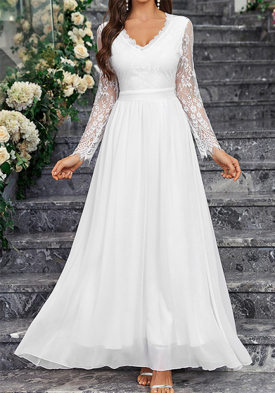 Women's Long Sleeve V Neck Low Back Lace Chiffon Wedding Bridesmaid Dress Formal Party Gown