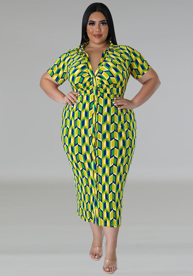 Plus Size Women Button Turndown Collar Plaid Short Sleeve Maxi Dress