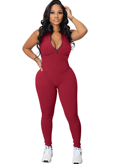 Women stretch zipper Jumpsuit