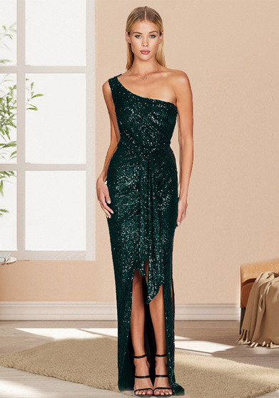 Women's One-Shoulder Lace-Up Sequined Evening Dress