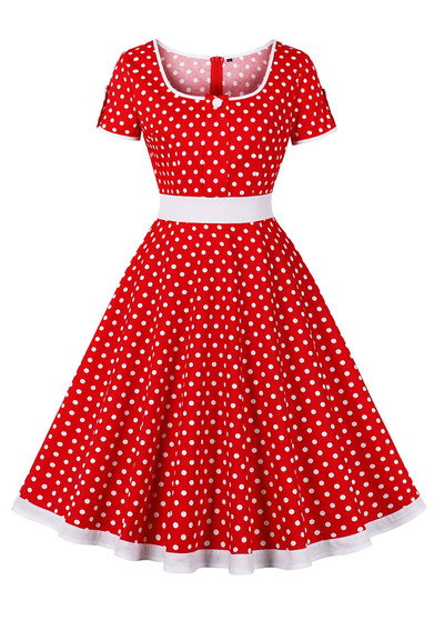 Women Retro Polka Dot Contrast Color Dress