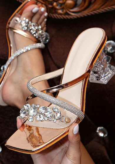 Square Toe Rhinestone Transparent Chunky High-Heeled Sandals Slippers Heels