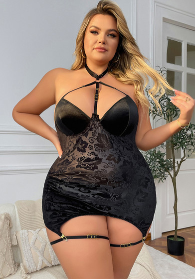 Plus Size Women Halter Neck Hollow Nightgown Sexy Lingerie