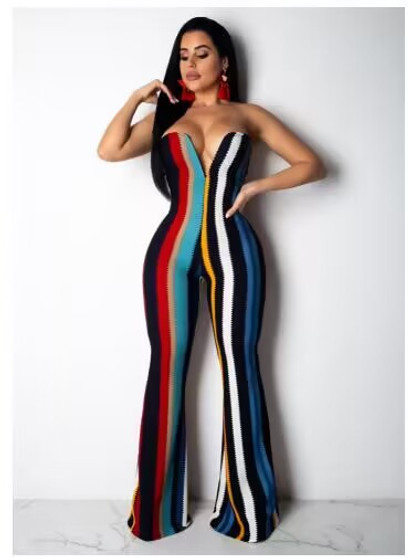 Sexy Stripe Printed Women's Strapless V-Neck Zjumpsuit