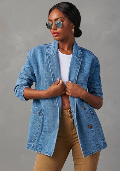 Fashionable Casual Washed Blue Denim Women's Blazer