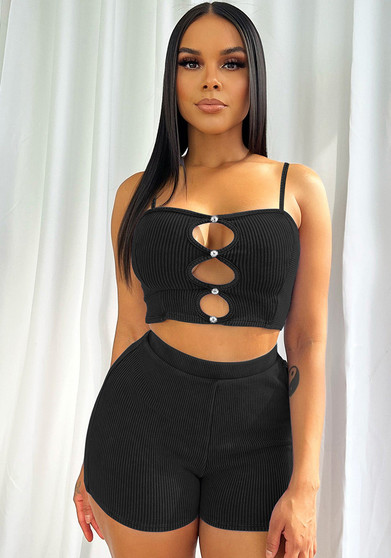 Women Ribbed Suspenders Cutout Top and Shorts Two-Piece Set