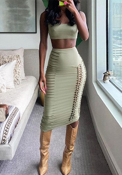 Hollow Crop Short Vest Bodycon Half-Length Skirt Suit Holidays Style Hand-Knitted Women's Tight Fitting Solid Color Two-Piece Set