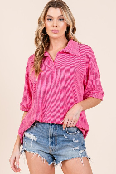 BOMBOM Ribbed Collared Neck Top