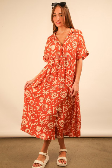 VERY J Full Size Oversized Printed Shirt Midi Dress Plus Size
