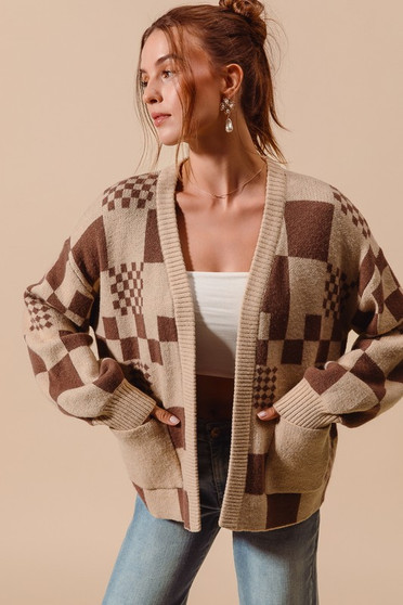 SO ME Checkered Open Front Cardigan with Pockets