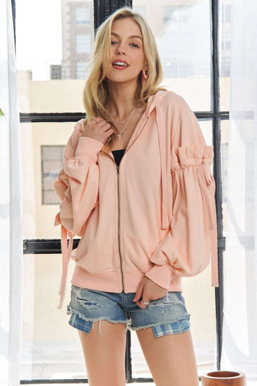ADORA  Ruffled Puff Sleeve Zip Up Hoodie