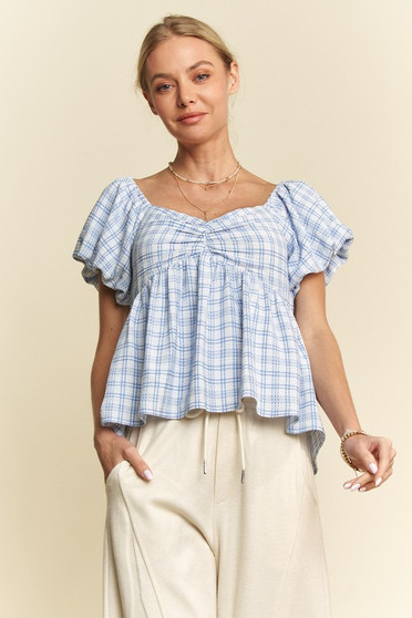 Davi & Dani Plaid Puff Sleeves Ruffled Smocked Blouse