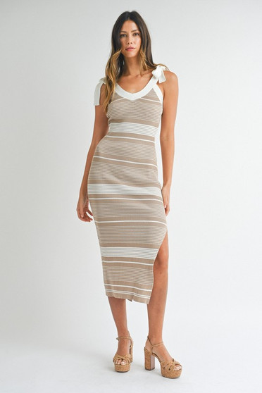 MABLE Striped Rib Knit Midi Dress