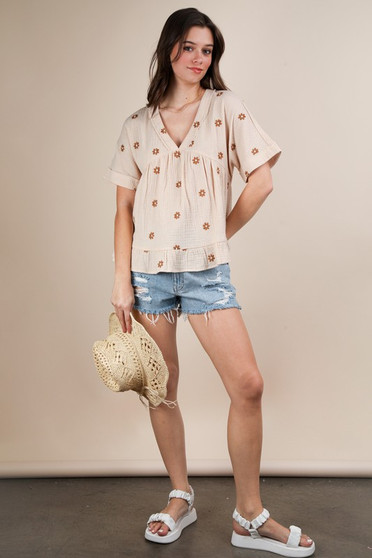 VERY J Flower Embroidered Woven Blouse