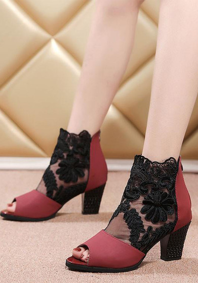 Summer Mesh High Heels Thick Heel Lace Back Zipper Women'S Sandals Plus Size Peep-Toe Sandals Women Shoes