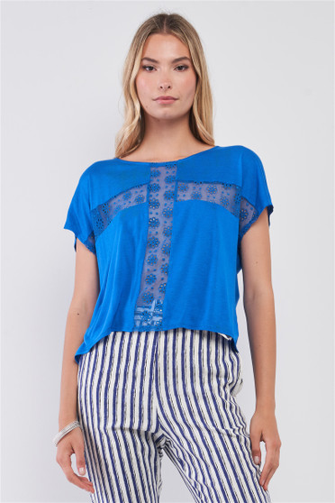 Royal Blue Boat Neck Short Sleeve See-Trough Cross Cut-In Detail With Floral Embroidery Top