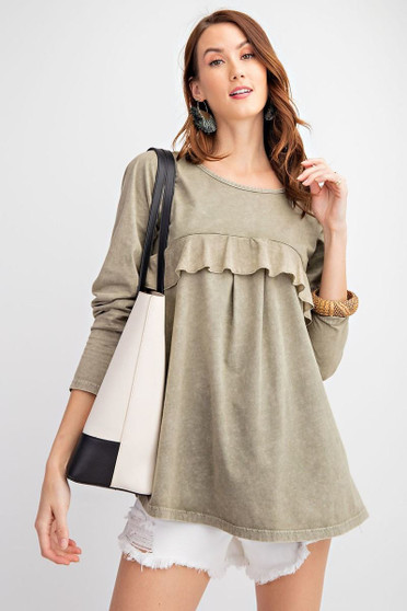 Long Sleeve Ruffled Detailing Oil Washed Knit Tunic​