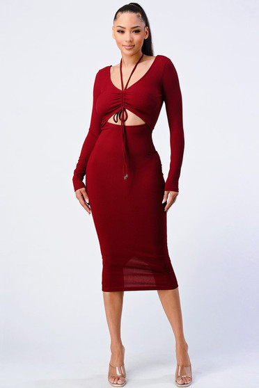 Trendy Front Shirring Cut-Out Long Sleeved Dress​