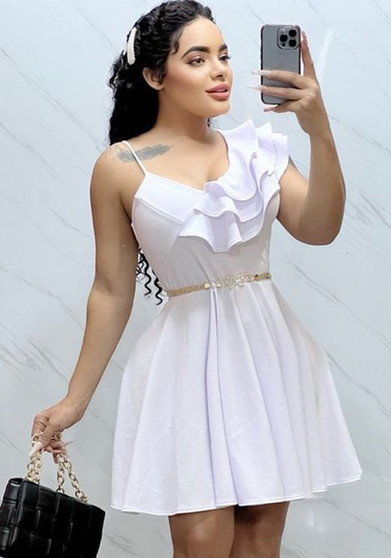 Women's Summer Solid Color Sexy Low Back Ruffle Strap Dress