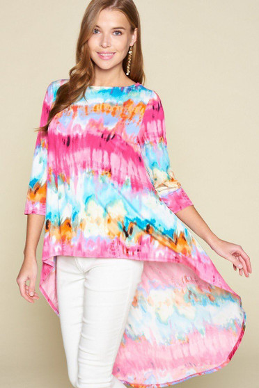 Tie-Dye Venechia High Low Fashion Top With 3/4 Sleeves