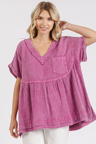 Mittoshop Mineral Wash Gauze Babydoll V-Neck Oversized Blouse