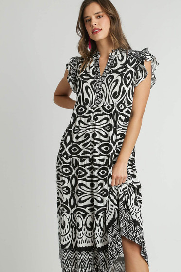 Umgee Full Size Two Tone Border Print Ruffle Cap Sleeve Midi Dress Plus Size