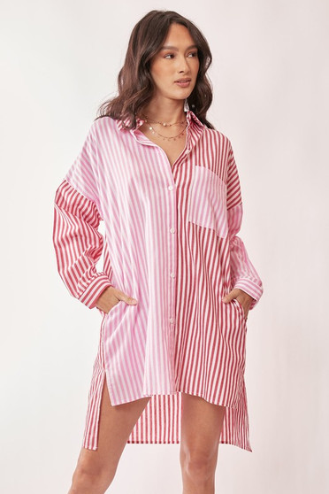 Davi & Dani Multi Color Stripe Mixed Button Front Tunic Shirt Dress