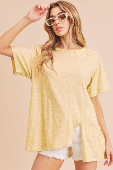 Aemi + Co Asymmetrical Front Slit Round Neck Raglan Sleeve T-Shirt