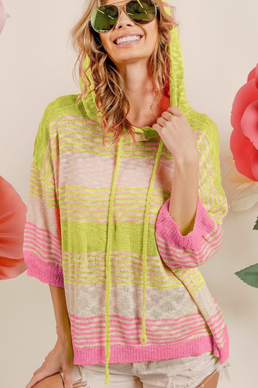 BiBi Short Sleeve Stripe Low Gauge Knit Hoodie