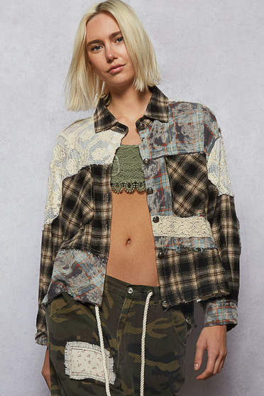 POL Lace Patchwork Plaid Oversized Shirt