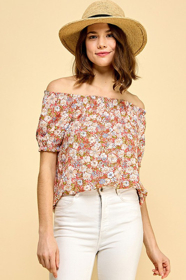 Lime 'N' Chili Floral Print Short Sleeve Off-The-Shoulder Blouse