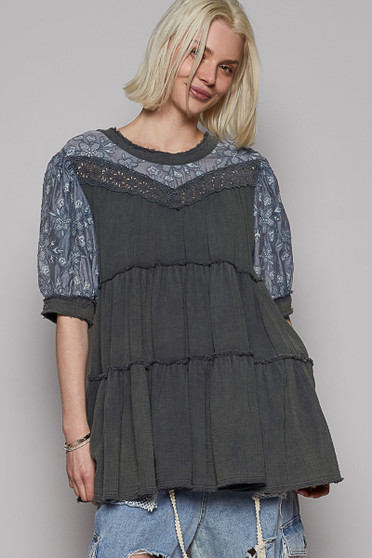 POL Lace Detail Tiered Round Neck Half Sleeve Blouse