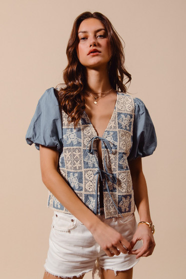 SO ME Crochet Lace Tie Front V Neck Blouse Top
