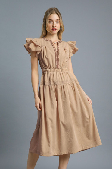 Umgee Ruffled Cap Sleeve Midi Dress with Contrast Trim Detail