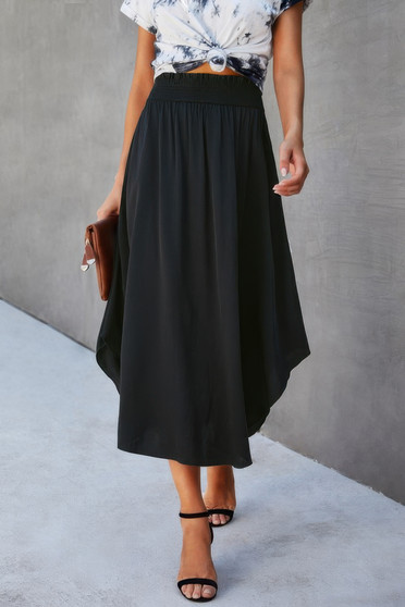 Solid Shirred Waist Asymmetrical Hem Flared Skirt