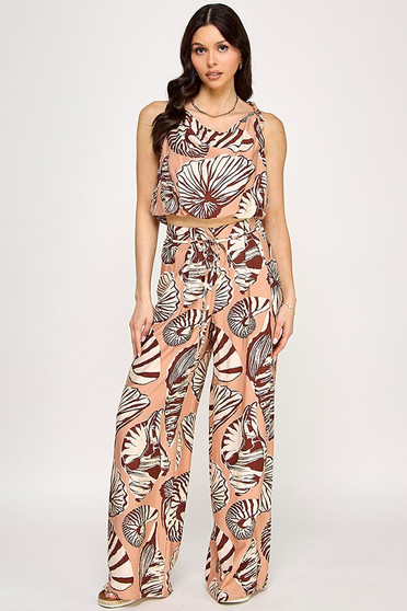 Printed Sleeveless Bubble Hem Top And Paper Bag Waist Pants Set​