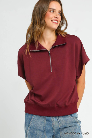 Umgee Full Size Half-Zip Short Sleeve Top Plus Size