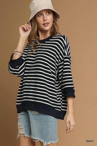 Umgee Ribbed Hem Striped Oversized Knit Top