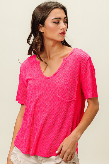 BiBi Waved Rib U Neck Top With Front Pocket
