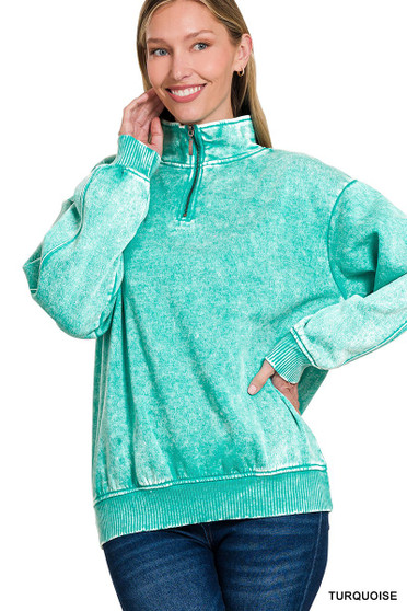 Zenana Acid Wash Fleece Quarter Zip Sweatshirt