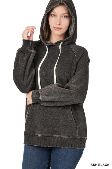 Zenana Acid Wash Fleece Hoodie with Drawstring