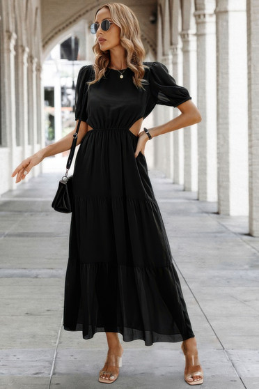 Cut Out Waist Ruffle Hem Puff Sleeves Fit Dress​