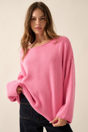 Solid Rib-Knit Oversized Boatneck Sweater​